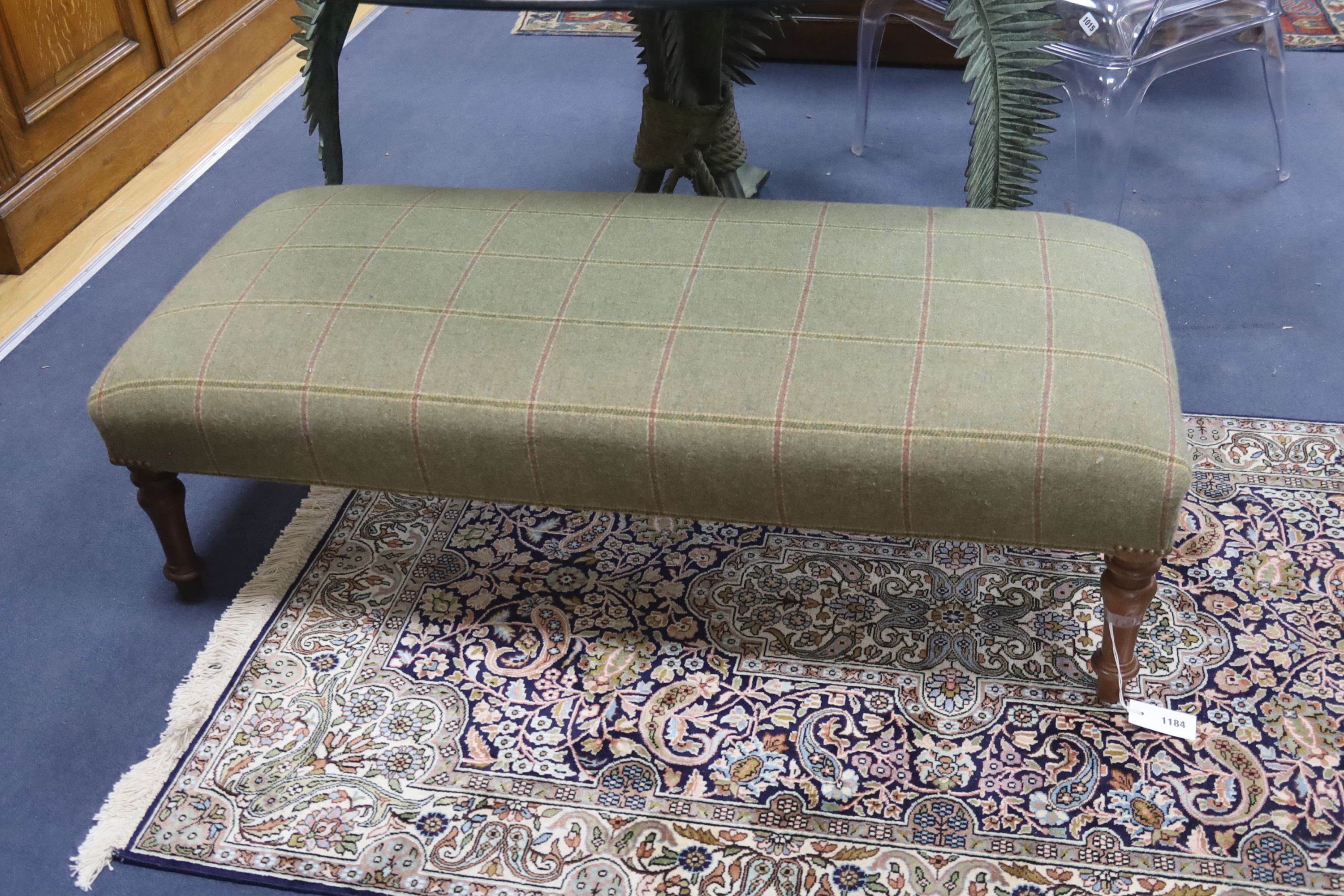 A Victorian rectangular covered stool (Colefax and Fowler), Lanark wool, length 118cm, depth 53cm, height 35cm